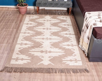 Alfombras de yute de lana, alfombras beige y blanco roto, alfombras kilim tipo pasillo, alfombras kilim de yute de tejido plano, alfombras grandes, alfombras dhurrie vintage de yute de lana