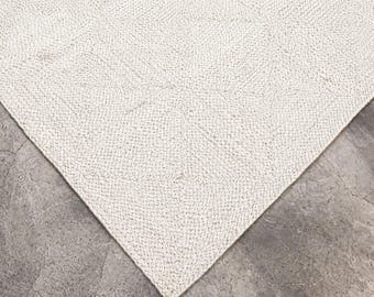 Handmade White geometric braided jute rugs for living room, Rectangular Design jute carpet, Custom size and eco friendly, boho white doormat