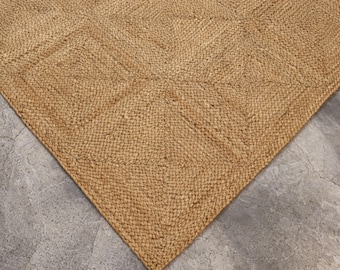 Handmade Geometric jute rug: Rectangular Braided jute carpets for kitchen, 8 x 10 ft Custom size available, Modern home decor area jute Doormat