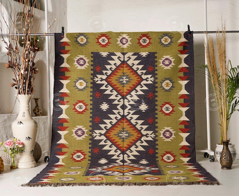 Handmade KILIM Rug, Multicolor; Jute Rug wool rug Kilim Dhurrie; traditional Indian; Chic Victorian Hipster, Custom Rugs B