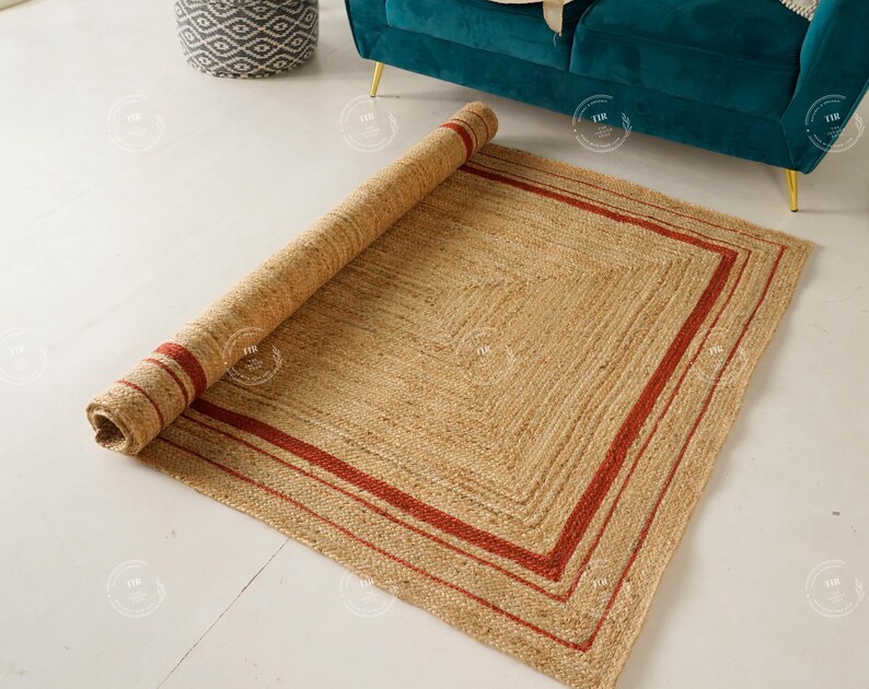 Custom Braided Rectangle Rug Handmade Natural Jute Braided Rectangle Rug With Red Border Custom Size ...