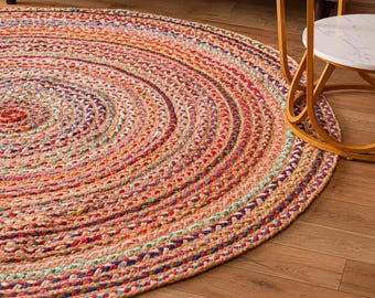 Hand Braided Round Chindi And Jute Rug, Custom Size Natural Circle Jute And Chindi Rug, Living Room Decor Round Rug Entryway Circle Area Rug
