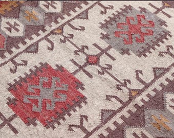 Vintage Wool Jute Kilim Rug, Handwoven, Wool and Jute Rug Handmade, Kilim Dhurrie Rug, Traditional Indian jute Area rug Kilim dhurrie rug