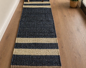 Alfombras de pasillo de yute de cáñamo negro tejidas a mano, alfombras de pasillo para decoración de escaleras, alfombras de entrada de gran tamaño de 2x6, 2x8 y 2x10 pies, alfombra de rayas.