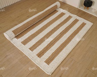 Indiase handgeweven hennep-jute vloerkleden voor de woonkamer, veelkleurige strepen en prachtige hennep loperkleden, bohemian geweven hennep vloerkleden, vintage vloerkleden.