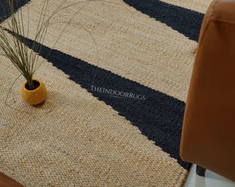 Handmade Hemp Jute Rug, Modern Geometric Red and Black Striped Natural Carpet, Eco Friendly Living Room Decor