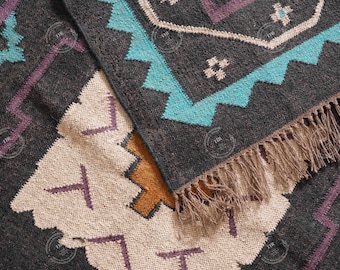 Alfombra Kilim de yute de lana vintage, lana tejida a mano y alfombra de yute hecha a mano, alfombra Kilim Dhurrie, alfombra tradicional de la zona de yute indio