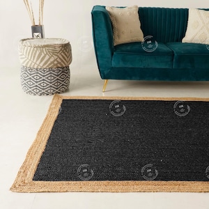 Tapis en jute noir tressé à la main avec bordure beige, tapis en jute tressé de 5x7 pieds pour décoration intérieure, tapis de salon, tapis tressés vintage