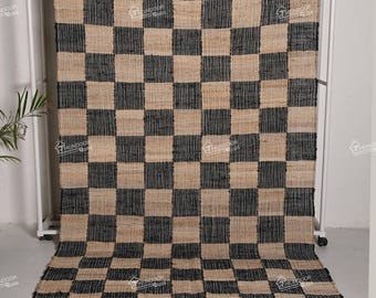 Ręcznie tkany dywan z juty bawełnianej w kratkę | Dywan w stylu rustykalnym w kolorze czarnym i naturalnym beżowym | Dywan w stylu boho rustykalnym | Ekologiczna dekoracja podłogi | Niestandardowy rozmiar