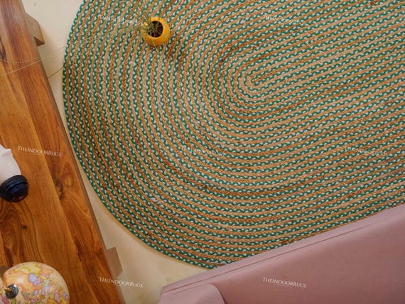 Green Oval braided chindi cotton jute rugs : Floor mat oval shape for decor, Modern jute carpet