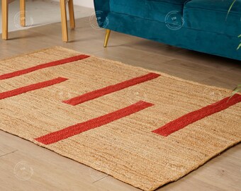インドの手編みのベージュ色と赤い縞模様のジュートラグ、大面積ラグ、ボヘミアン風装飾ラグ、家庭用装飾ラグ、ボヘミアン風編みラグ