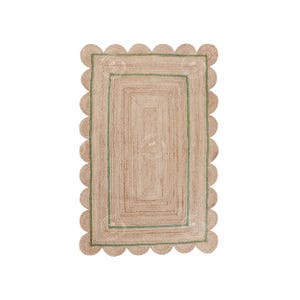 May include: A natural fiber rug with a scalloped edge and a green border. The rug has a woven design with multiple layers of texture.