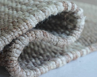 Handmade Natural hemp jute area rug for bedroom, White stripe pattern boho jute rugs, 6x9 8 x 10 ft and custom size rug, Sun porch side carpet