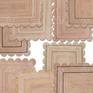 May include: A set of six jute rugs with scalloped edges and different colored borders. The rugs are made of natural jute fiber and have a rustic, farmhouse style.