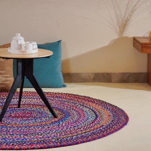 Alfombras redondas de algodón hechas a mano, alfombra circular multicolor estilo chindi bohemio para la decoración de la sala de estar y el recibidor, felpudo de tela de algodón reciclado trenzado