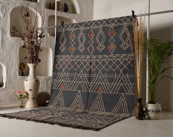 Vintage Wool Jute Kilim Rug – Handwoven Southwestern Tribal rugs, Custom Size Traditional Area Flatweave kilim home decor Black jute rug