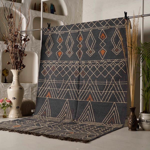 Vintage Wool Jute Kilim Rug – Handwoven Southwestern Tribal rugs, Custom Size Traditional Area Flatweave kilim home decor Black jute rug
