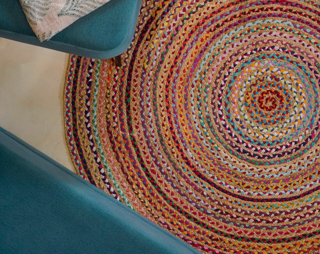 Handwoven Multicolor Bohemian Cotton braided round chindi circle rugs for home decor and dining room decor Vintage boho circle area Doormat - 6 Feet (180 cm)
