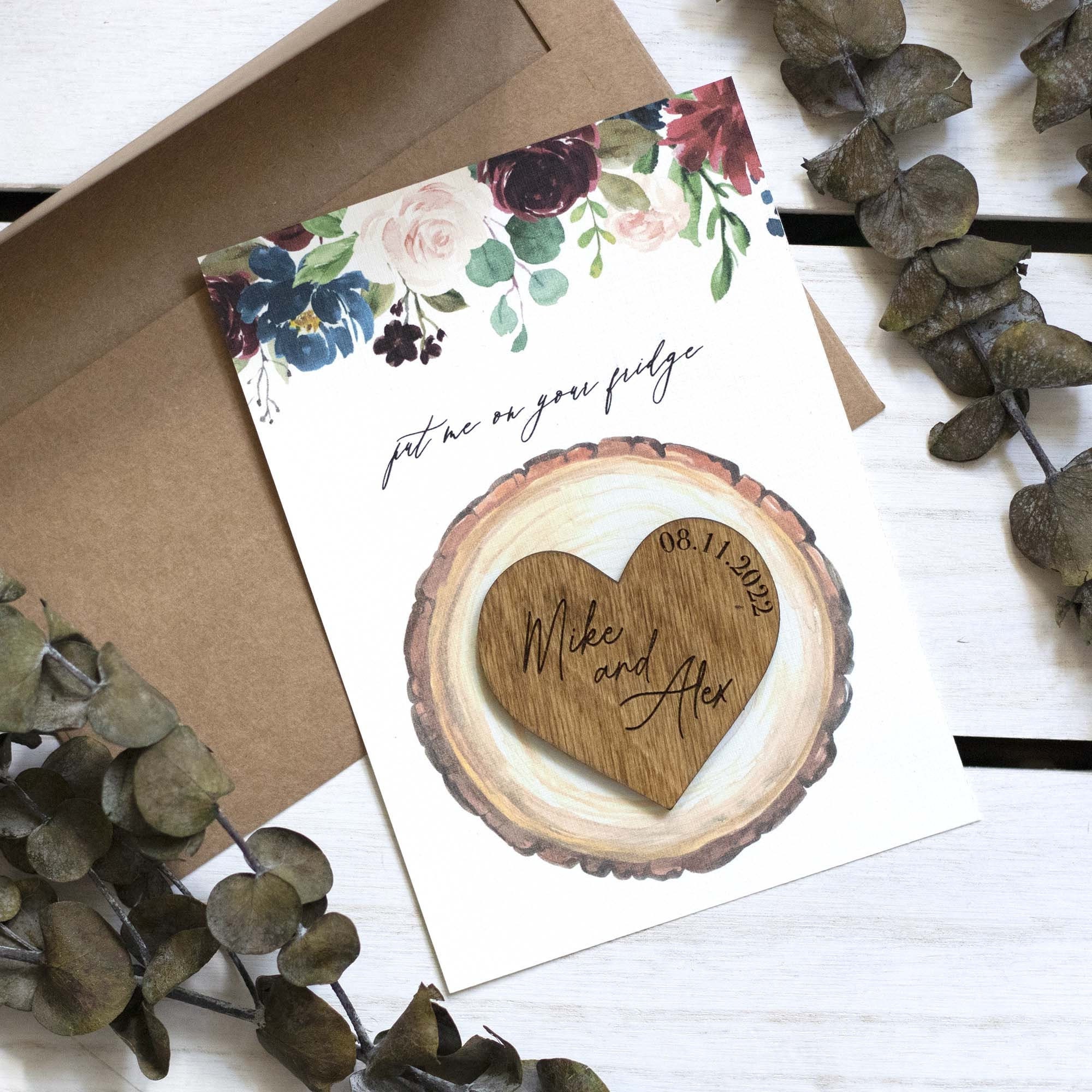 Moody Floral Heart Save the Date Magnet Card Personalized Engraved Wood Magnet on Linen Cardstock