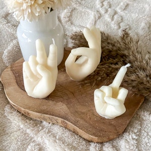 Peace/Frieden All Right and middle finger hand candle made of rapeseed wax in Bohoo style for your apartment Set der 3 Kerzen