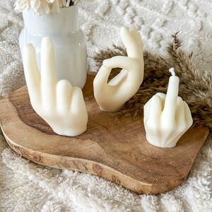 Peace/Frieden All Right and middle finger hand candle made of rapeseed wax in Bohoo style for your apartment image 5