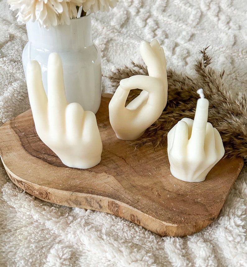 Peace/Frieden All Right and middle finger hand candle made of rapeseed wax in Bohoo style for your apartment image 5