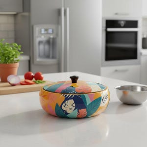 May include: A round ceramic casserole dish with a lid, featuring a vibrant tropical leaf pattern in shades of yellow, dark blue, pink, and teal. The dish has a smooth, glossy finish and a small, dark brown knob handle centered on the lid.