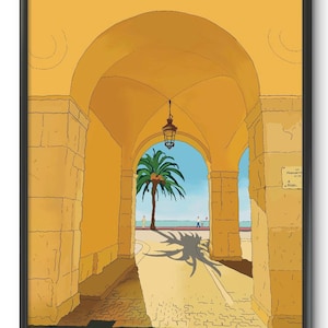 Puede incluir: Una puerta arqueada amarilla con una pared de piedra a cada lado conduce a una vista de una palmera y un cielo azul. La puerta está iluminada por una lámpara colgante. El texto "PERUGIETTE RUE" es visible en la pared.