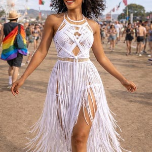 Macrame Fringe Festival Dress, Beige Halter, Rave Outfit