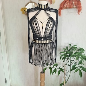 Black Macrame Dress: Goddess Costume with Gold Metal Tubes