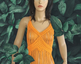 Orange Macrame Fringe Dress: Boho Festival Clothing