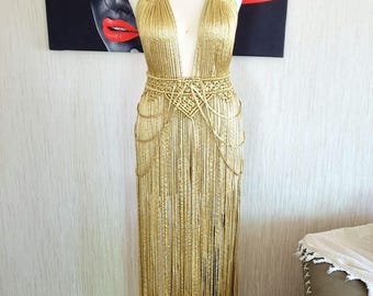 Glamorous Maxi Dress: Macrame Fringe Dress, Cleopatra Costume