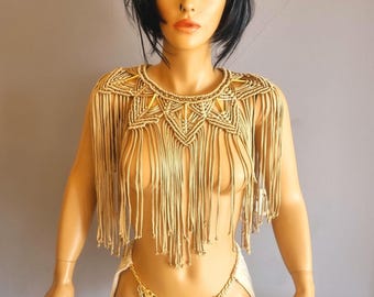 Macrame Fringed Cape: Epaulettes, Burlesque Costume, Festival outfit