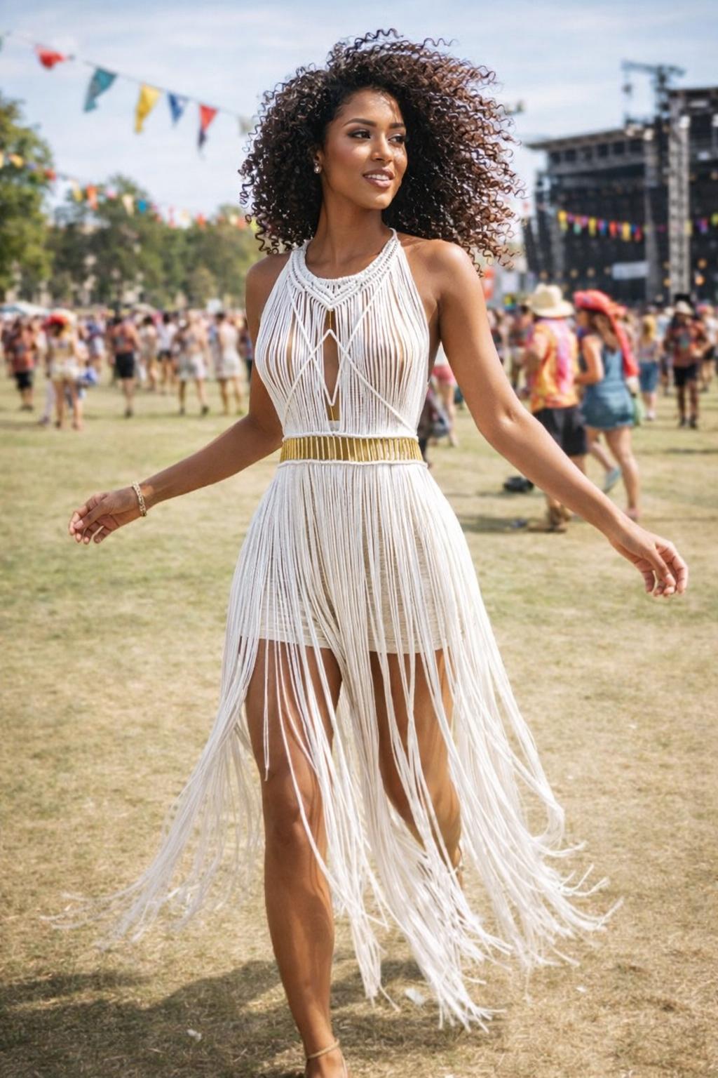 Macrame Festival Dress White Goddess Costume With Gold Details