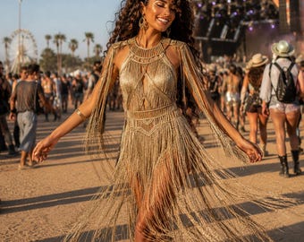 Macramé gouden jurk: boho festivalkleding met metalen details