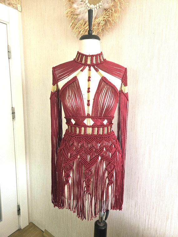 Handmade Burgundy Macrame Fringe Dress: Gold Accent Festival Outfit