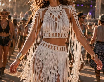 Vestido de macramé hecho a mano: Conjunto beige para festivales con detalles metálicos, conjuntos para festivales, conjunto para fiestas rave para mujer