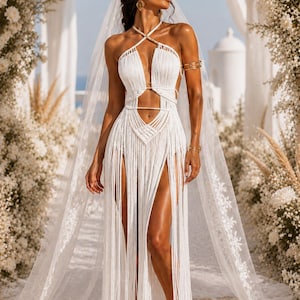 Ivory Macrame Wedding Dress, Boho Fringe Festival Dress, Burning man