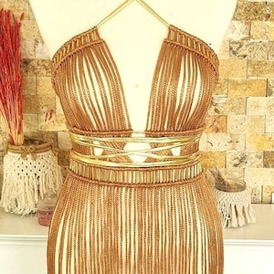 Macrame Dress: Gold Metallic Leather Look Yarn, Burlesque Costume