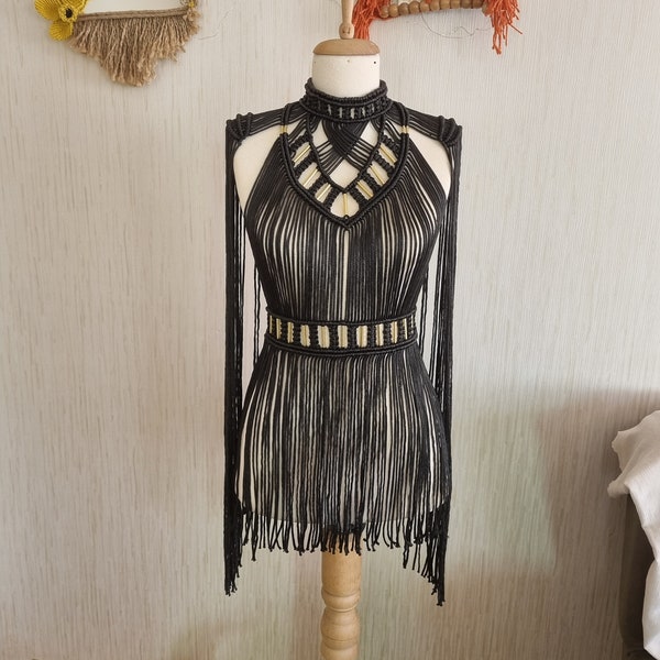 Black wedding dress, Macrame dress, Cleopatra costume, Goddess dress, Festival outfit, Bikini see through, Burningman, Macrame Top, Tulum