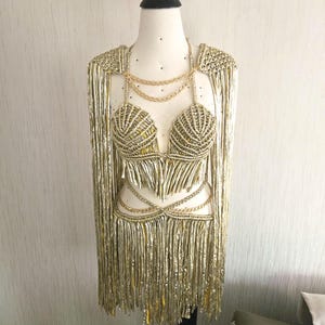 May include: A metallic gold two-piece outfit featuring a structured bralette top and a matching skirt, both adorned with long, shimmering fringe. The set includes integrated gold chain accents at the neckline and waist, with shoulder capes.