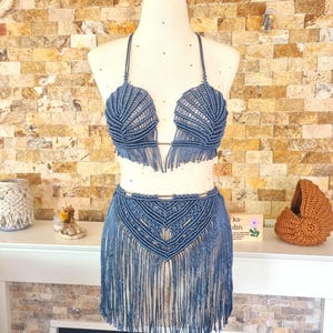 Macrame Festival Set: Boho Bra Top and Skirt with Silver Details