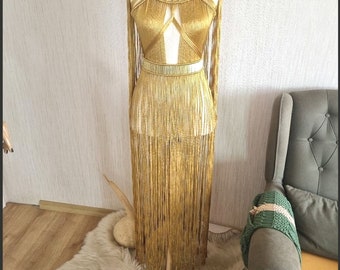 Macrame Fringe Dress: Gold Egyptian Goddess Costume