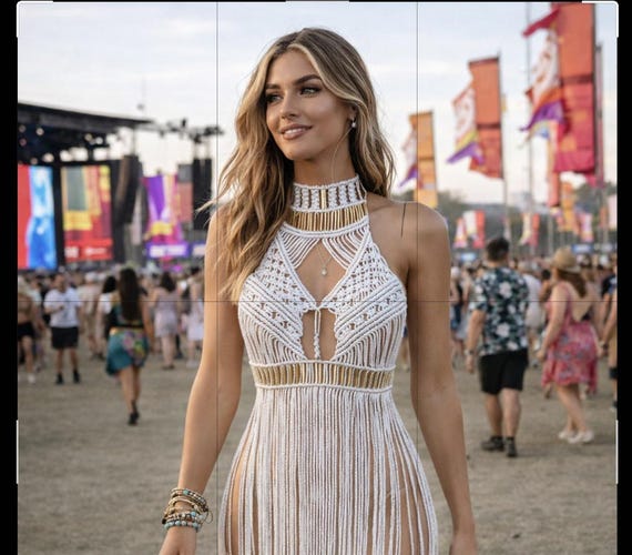 Macrame Festival Dress: Gold Metal Detail, Rave Outfit