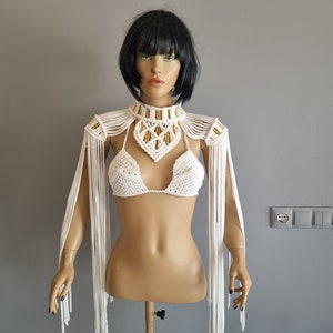 Macrame Epaulets, Epaulettes, Cher costume, Festival Epaulettes, Fringe cape, Ancient costume, Burning man, Burlesque outfit, Egyptian dress