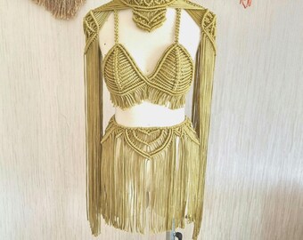 Macramé festivaloutfit: 3-delige boho-jurk met gouden details