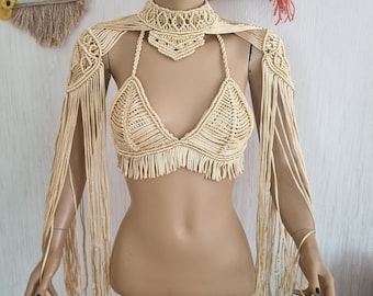 Macramé-behatop en schouderstuk: festivaloutfit