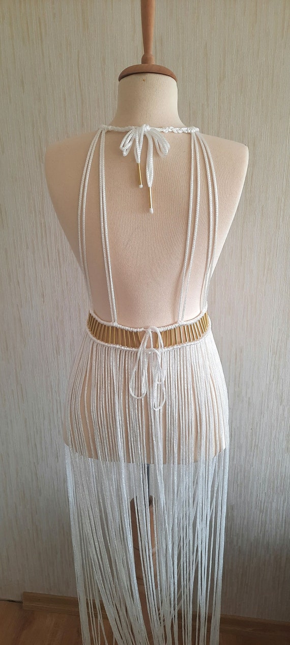 Macrame Festival Dress: White Goddess Costume with Gold Details