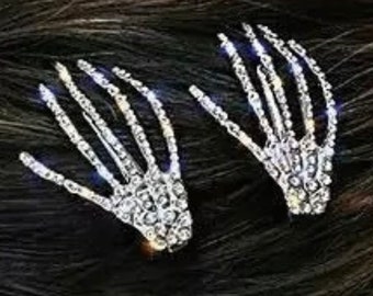 Set of 2 Rhinestone Skeleton Hair Clips, Halloween Skeleton Hand, Pair of Skeleton Barrettes, Halloween Hair Clip