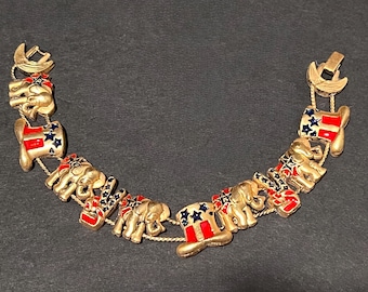 Vintage Republican Slide Bracelet: Enameled Charms, Gold Tone, 1990s